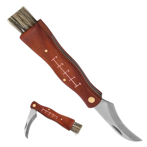 Granvoo Pilzmesser mit Bürste und Lineal, Taschenmesser Klappmesser Edelstahl, Gartenmesser mit Pinsel, Outdoor Messer mit Holzgriff, Braun für Pilzesammeln, Schwammerlmesser