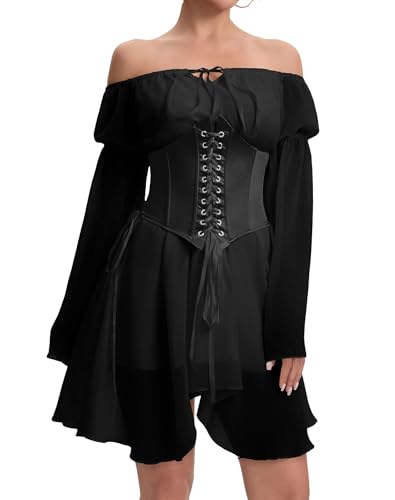 Image of Womens Corset Dresses Off Shoulder Bell Sleeve Casual Party Fairy Two Piece Outfits Bustier Dress