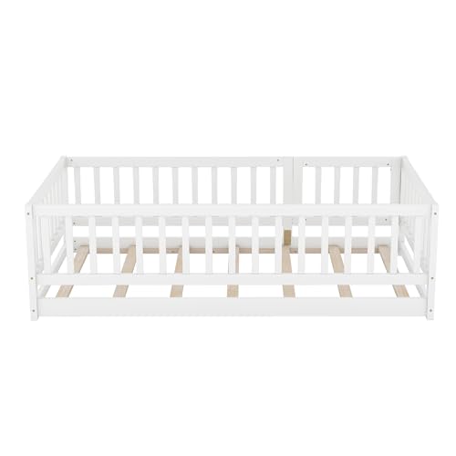 Bellemave Twin Size Montessori Floor Bed with 21.5" High Rails and Slats, Pine,Plywood Floor Bed with Small Door, White by Bellemave - Image 5