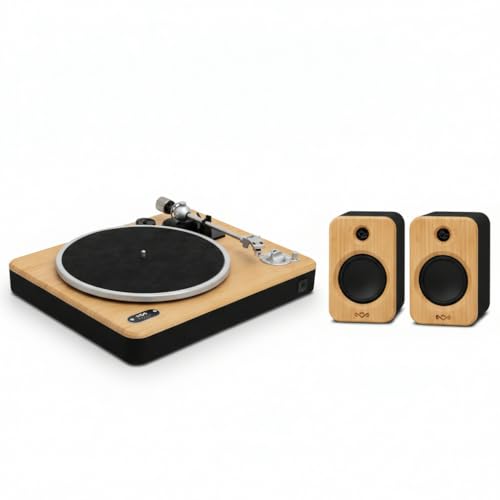 Image of House of Marley Stir It Up Wireless 2 Turntable & Get Together Duo 2 Bookshelf Speakers, 2 x 10 W - Bluetooth Record Player, 2-Speed Sustainably Made Vinyl Player, Turntables for Vinyl Records, Bamboo