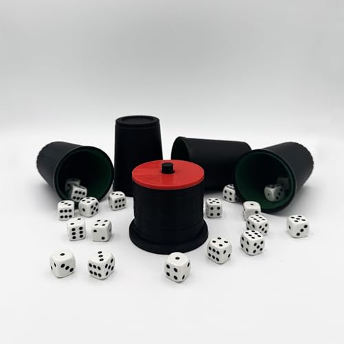 R-Satz Shop Schockbesteck Schocken Set hochwertig - mit 14 Scheiben, optional Würfelbecher, Schockturm, Partyspiel, Kneipenspiel, Meiern, Knobel, Mörkeln, Jule, Maxen (ohne 4X Würfelbecher)