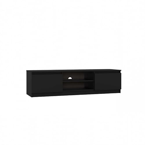 CDF Lowboard TV - Schrank 140 cm modern mit offenem Gerätefach Kabelführung Zwei Seitenschränken grifflose Front stabile 16 - mm Konstruktion für Wohnzimmer TV - Schwarz