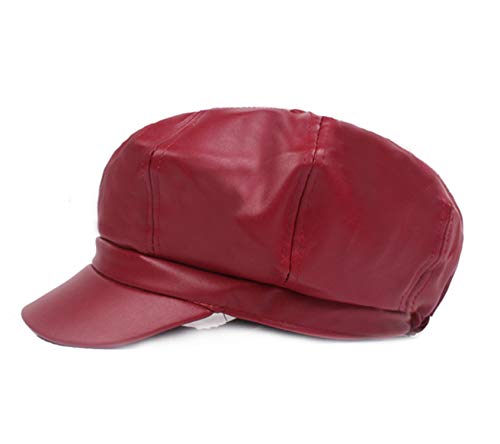 Falasoso Women Beret Pu Leather Casual Newsboy Cap, Vintage Octagonal Flat Cap Gatsby Driving Ivy Hat (Wine Red) #TOP1