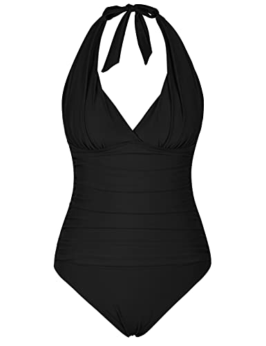 Hilor V Neck One Piece Swimsuit For Women Halter Backless Ruched Tummy Control Bathing Suit Sexy Slimming Swimwear Black 12 #TOP3
