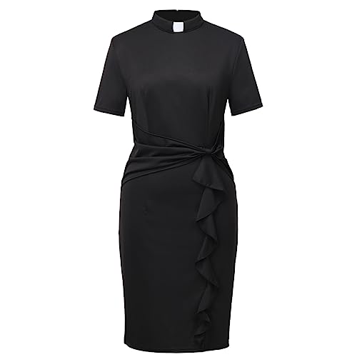Womens Church Clergy Mass Dress Short Sleeve Ruffle Pleated Bodycon Pencil Dress with Tab Collar4