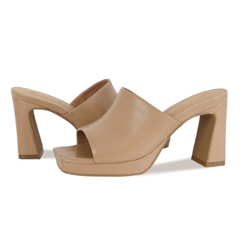 Image of Womens Platform Chunky Heels Mules Square Open Toe High Heeled Sandals Slip On Slides Dress Shoes