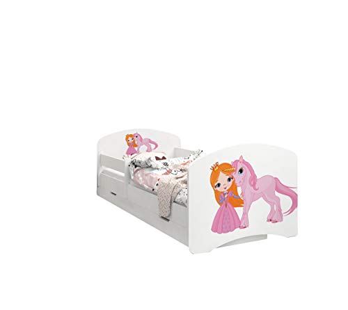 Happy Babies - Doppelseitiges Kinderbett MIT SCHUBLADE Modernes Design mit sicheren Kanten und Absturzsicherung Schaumstoffmatratze 7 cm. (190x90, 40. Prinzessin und Einhorn)