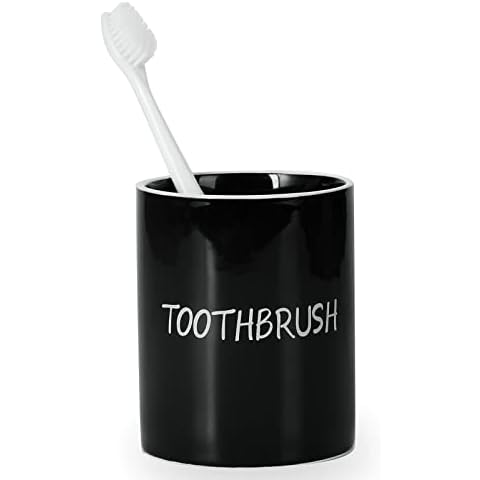 Ceramic Toothbrush Holder for Bathroom Vanity and Countertop, Farmhouse Brushing Holder Easy Cleaning and Multi-Functional Storage (Black) Cover