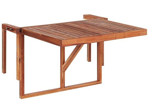 Beliani Table de Balcon Rabattable en Bois d'Acacia Foncé pour Balustrade Idéal pour Les Petits Espaces Extérieurs
