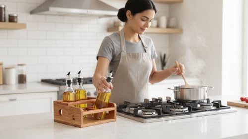 Image of WOODFARM Countertop Natural Wood /Wooden Rack /Stand for Oil Bottle /Dispenser, Seasoning Storage Holder /Organizer - 4 Hole