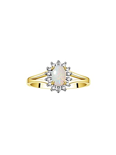 Image of Rylos Halo Ring: Diamond Birthstone with 6X4MM Oval Gemstone - Women's Jewelry in Yellow Gold Plated Silver - Stunning Diamond Ring Sizes 5-10