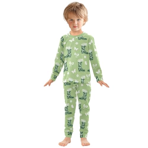 Pajama Sets Long Sleeve Green Boots Bow Flowers Soft Comfy Sleepwear 2 Piece PJS 3-8T2