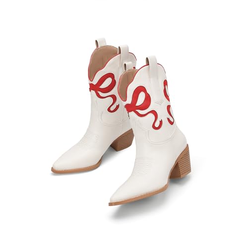 Women's White Cowboy Boots with Colorful Bows Embroidered Cowboy Boots Fashion Almond Pointed Toe Chunky Heel Short Boots4