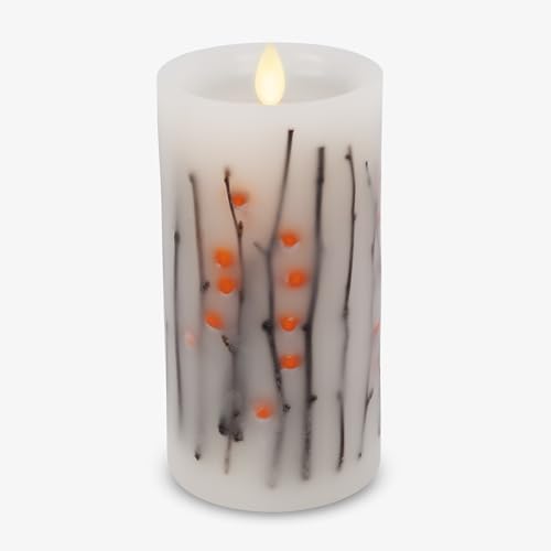 Image of Luminara - Flameless Flickering Moving Flame Battery Operated Unscented Candle LED Decor & Gift- Embedded Pillar Collection (Orange Berries & Twigs, 3.2 inch x 6.5 inch)