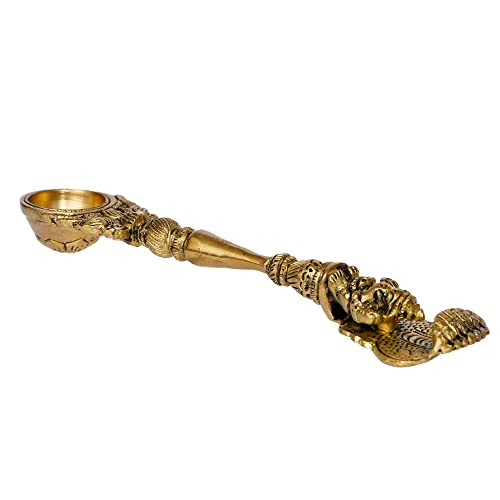 Image of eCraftIndia Ethnic Carved Brass Long Stick Diya with 1 Wick for Pooja Room and Temple, Gold, One Size, (BDP505)