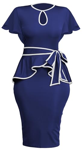 Image of Women's Vintage Bodycon Church Ruffle Sleeve Ruched Dresses Work Midi Pencil Dress