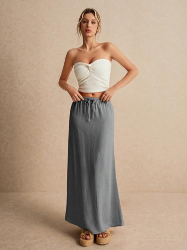 EARKOHA 2025 Women's Summer Maxi Skirt Drawstring Low Waist A Line Linen Long Flowy Skirts Grey L3