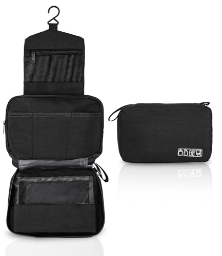 Birshe Neceser Maquillaje para Hombre y Mujer,Bolsa de Aseo para Colgar,Neceser de Viaje Pequeño,Organizador de Maquillaje Kit,con Gancho Colgante Accesorios de Viaje,Negro 24.5 x 7.5 x 13cm