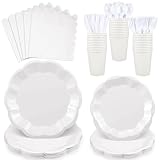 175 Pcs White Plates and Napkins Set, 25 Guest White Party Supplies Include Scalloped Plate Paper Napkin Cup Forks Knives Disposable Plastic Cutlery for Wedding Baby Shower Birthday Party