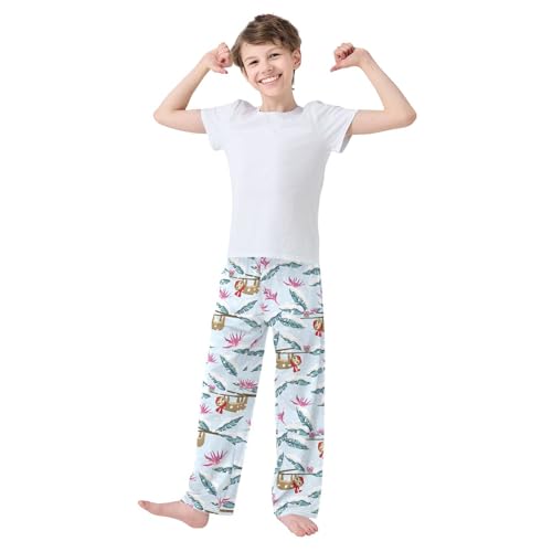 Sloth Hibiscus Floral Boys Long Pants Soft Trousers Elastic Waist Kids Lounge Bottoms with Pockets S-XL2