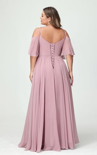 Elegant Women Plus Size Bridesmaid Dresses 2025 with Slit Cold Shoulder Chiffon Formal Party Dresses with Pockets RO0204