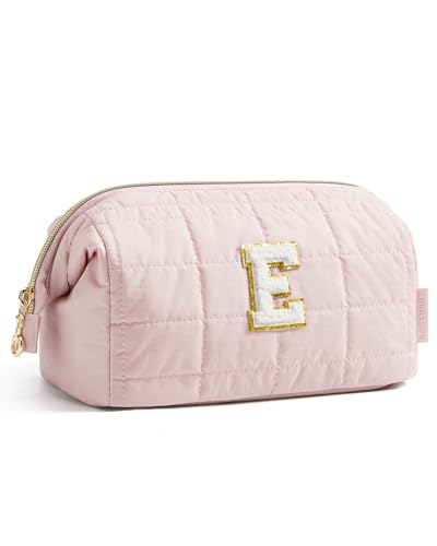 Image of BAGSMART Birthday Gifts Personalized Initial Makeup Bag, Trendy Stuff Gifts for Women Bridesmaid Graduation, Puffy Padded Make Up Bags for Women, Wide-open Toiletry Bag, Pink E