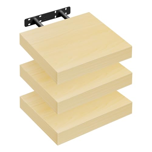 WOLTU Étagère Murale, Étagère Flottante de CD, Lot de 3, pour Salon, Cuisine, Chambre, Salle de Bain 25x22.9x3.8cm, Jaune Chêne RG9365kei-3