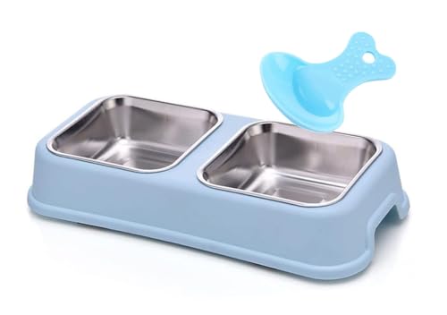 Doppia ciotola per cani, antiscivolo, anti-fuoriuscita, in acciaio inox, con 1 spoop per cibo per animali domestici, per cani e gatti di piccola taglia (quadrata, blu, S)