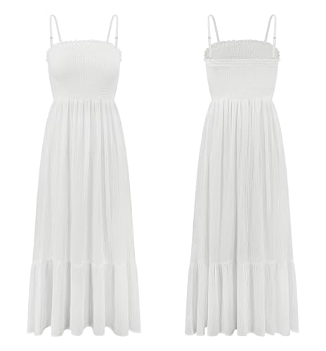 Image of R.Vivimos Womens Summer Boho Cotton Maxi Dress Adjustable Spaghetti Strap Elastic Smocked Casual Ruffle Hem Flowy Beach Dress