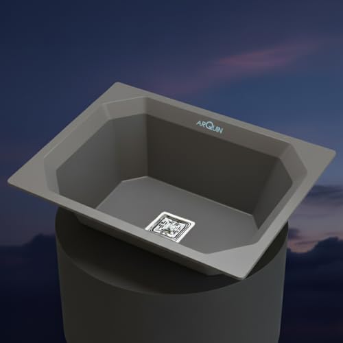 Image of ARQUIN Quartz Kitchen Sink 24x18x9 Inch Grey Diamond | Single Bowl Sink | Durable & Scratch-Resistant | Undermount /Topmount Including Coupling, Waste Pipe & Fruit Washing Basket