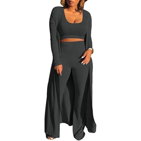 bbpawing Womens 3 Piece Outfits Open Front Cardigan Cover Up Crop Tank Tops Wide Leg Palazzo Pants Loungewear Set Cover