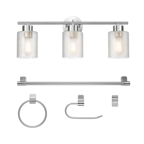 Image of Globe Electric 5-Piece All-in-One Brushed Nickel Bathroom Accessory Set with 23 inch 3-Light Vanity Light and Clear Frosted Glass Shades