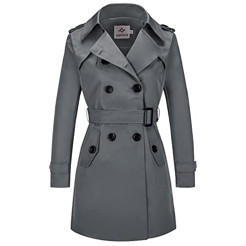poonyfesh Women's Waterproof Trench Coat Double-Breasted Classic Lapel Petite Overcoat Belted Slim Outerwear Coat, Grey, M poonyfesh Women's Waterproof Trench Coat Double-Breasted Classic Lapel Petite Overcoat Belted Slim Outerwear Coat, Grey, M