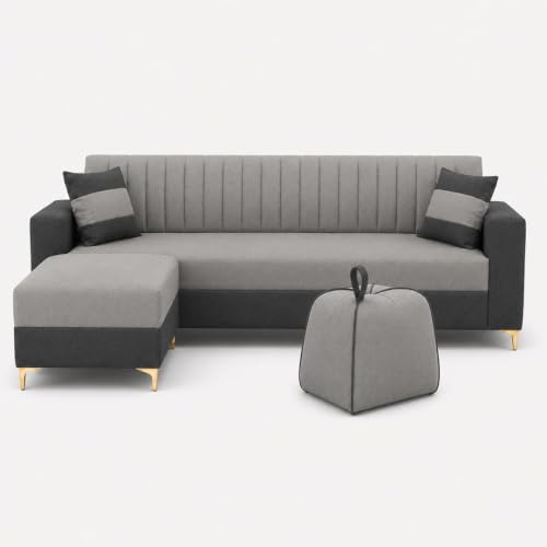 Image of FURNY Signature Regalia 4-Seater L-Shape Sofa Set with Movable Ottoman & Suri Pouf | Flexible LHS /RHS Layout | Boston Fabric | 40D Foam + Zigzag Spring | 3-Yr Warranty (Steel Grey - Light Grey)