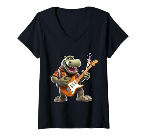 Mujer Rockstar Hippo Guitarrista Eléctrico Funny Animal Music Camiseta Cuello V
