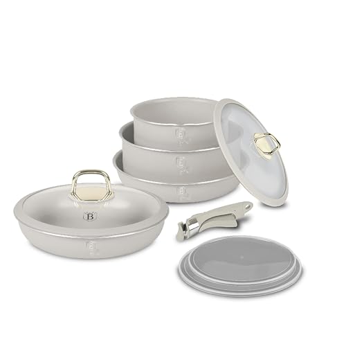 Berlinger Haus Juego de Cocina 9 Piezas - Aluminio Antiadherente, Apto para Inducción, Ahorro de Espacio, Incluye Tapas Inteligentes y Mango Desmontable - Colección Sahara