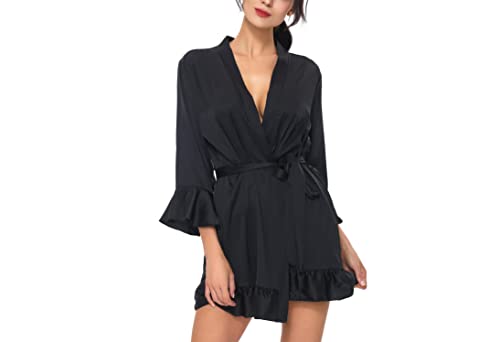 Toikeeoi Women's Kimono Robe Short Satin Pure Short Silky Robes Sexy V Neck Sleepwear (Black, One Size) #TOP4