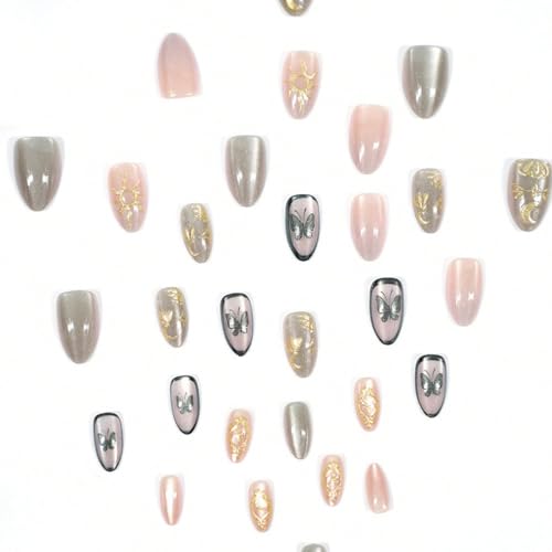 Image of Butterfly Press on Nails Glitter Fake Nails with Gold Design Sun Glue on Nail Shiny Glossy Full Cover Short Almond Stick on Nail Press ons for Women Girls Manicure 24Pcs