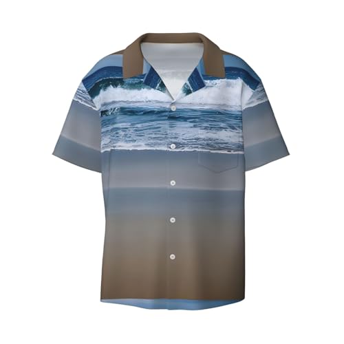 Serene Coastal Print - Camicia hawaiana da uomo, a maniche corte, con bottoni, casual, estiva, da spiaggia, nero, S