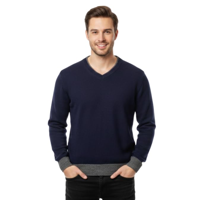 Men's V-Neck Sweatshirt with Contrast Trim, Navy Blue, Long Sleeve Pullover-picture-39