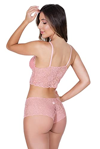 Conjunto Lingerie de Luxo 4 estações todo em Renda com forro de malha de algodão (Rosa, G)