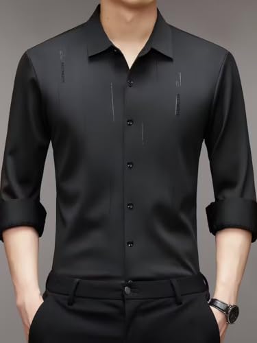 Image of IndoPrimo Men's Regular Fit Satin Designer Shirt with Stylish Vertical Line Sequence | Long Sleeve Formal & Casual Button Down Shirt for Casual and Party Look
