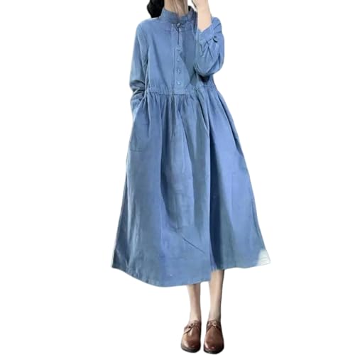 XYNM Langarm Kleid Retro Cord-Kleid Von Damen, Button-down-Langen Rock Mit Lockerer Taille, Schlanker Fit Eleganter Stil-blau-m