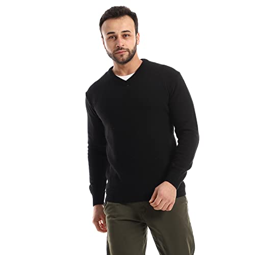 بلوفر منسوج بقصة عادية ورقبة شكل V سهل الارتداء من اندورا، أسود، مقاس L