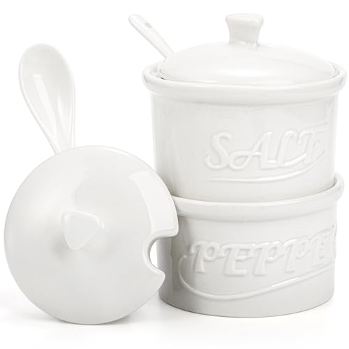 Hacaroa Set of 2 Ceramic Salt and Pepper Cellar with Lid and Spoon, 8.5 Oz Stackable Salt and Pepper Bowls