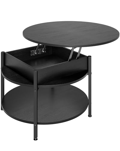 Mesa de Centro Redonda, Mesa de Centro de Altura Ajustable, Mesa de Salón con Almacenamiento Oculto, Mesa de Sofá, Mesa de Café, Mesa de Café de Madera con Compartimento, Para Salón, Oficina, Negro