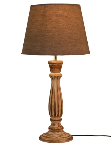 Image of Green Girgit Athens Wooden lamp with Taper Samre Grey Solid Shade, Vintage Style Table Lamp with Grey Fabric Shade, Distressed Wood Base, Farmhouse Design (LED Bulb Included)