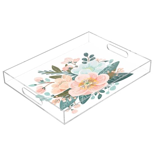 BOESI Doodle Colorful Flower Pattern Acrylic Decorative Dining Tray, Acrylic Decorative Tray Organizer with Handle for Kitchen, Dining Room, Bathroom, Dresser