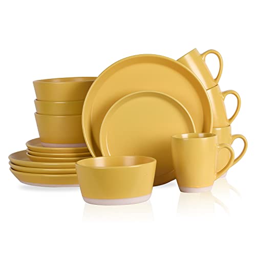 Image of Stone Lain Jules Modern Stoneware 16-Piece Round Dinnerware Set, Plates and Bowls Sets, Dish Set for 4, Yellow