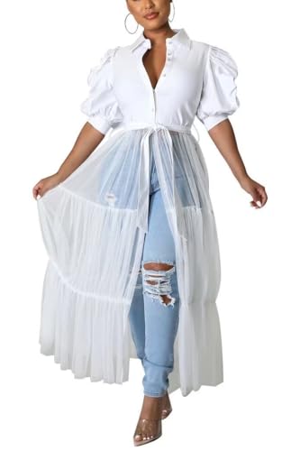 Image of Ekaliy Women's Casual Mesh See Through Shirts Long Dresses with Belt V Neck Button Down Club Party Outfit